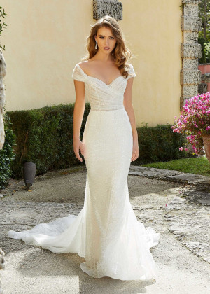 Cap Sleeves Ivory Glitter Lace Pleated Wedding Dress